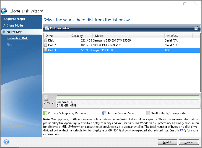 소스 하드 디스크 선택