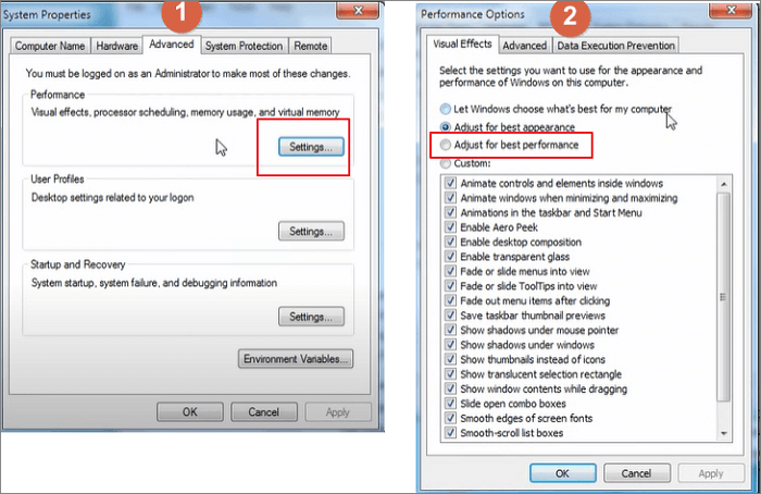 Win 7을 더 빠르게 만들기 위해 Windows 7 시각 효과를 끄십시오.