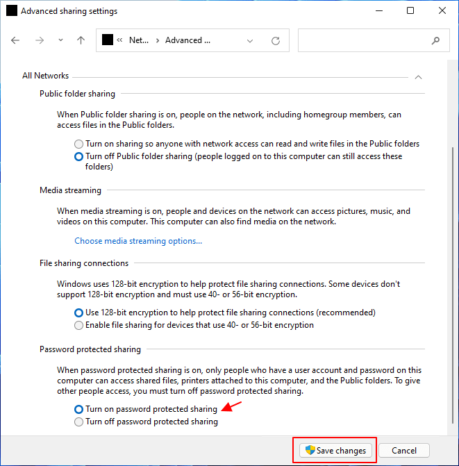 암호로 보호된 공유 활성화\