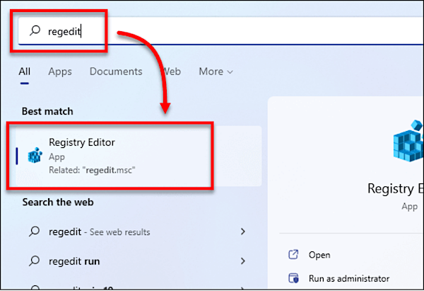 시작 메뉴로 이동하여 레지스트리 편집기 열기