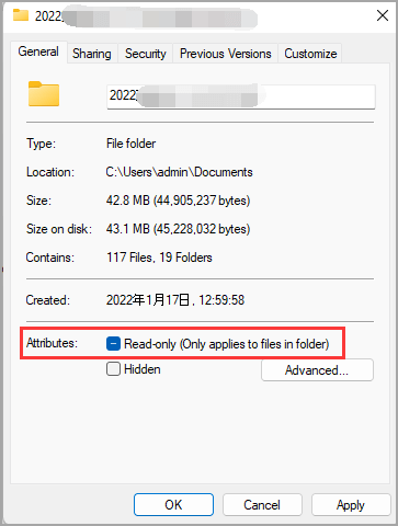 읽기 전용 체크 해제