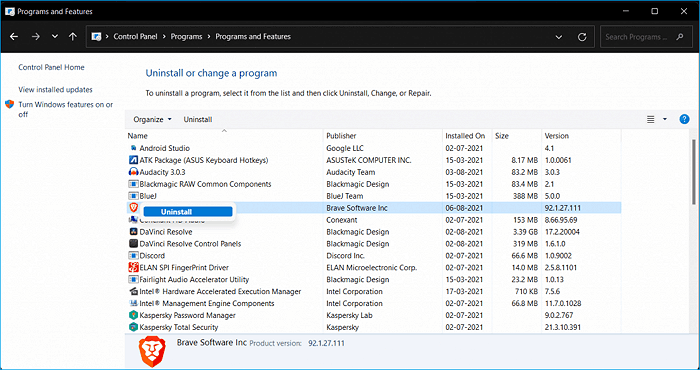 프로그램 제거를 검색하고 엽니다.