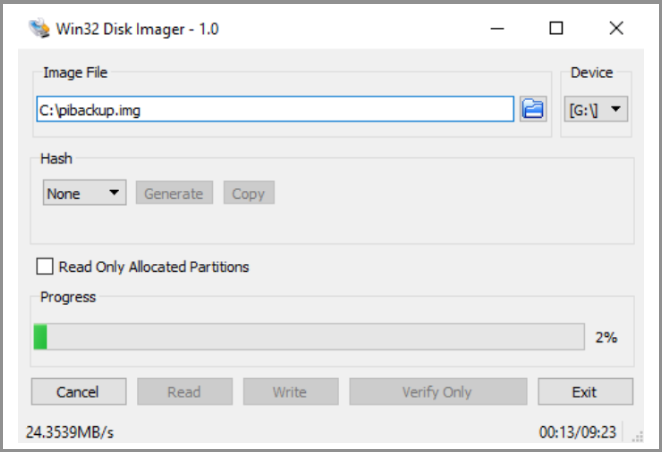 백업 프로세스를 시작하려면 읽기 옵션을 클릭하십시오.