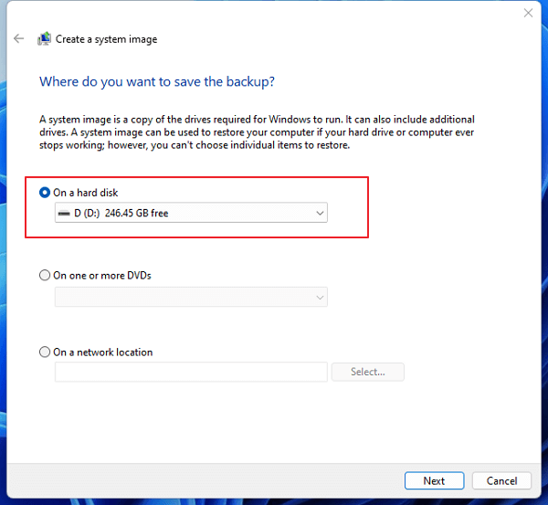 백업 이미지를 저장할 위치
