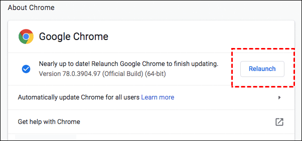 Chrome을 다시 시작하려면 다시 시작을 클릭하세요.