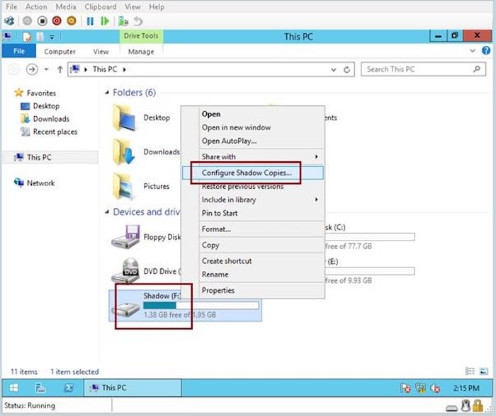 섀도 복사본 구성 선택