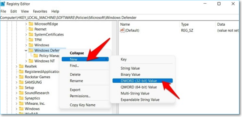 dword-32 비트 값을 선택하십시오.