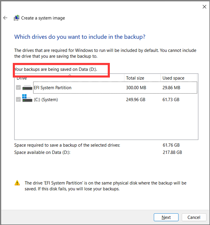 백업에 포함하고 싶은 드라이브