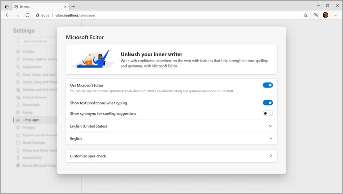 편집기 설정 - Microsoft Edge