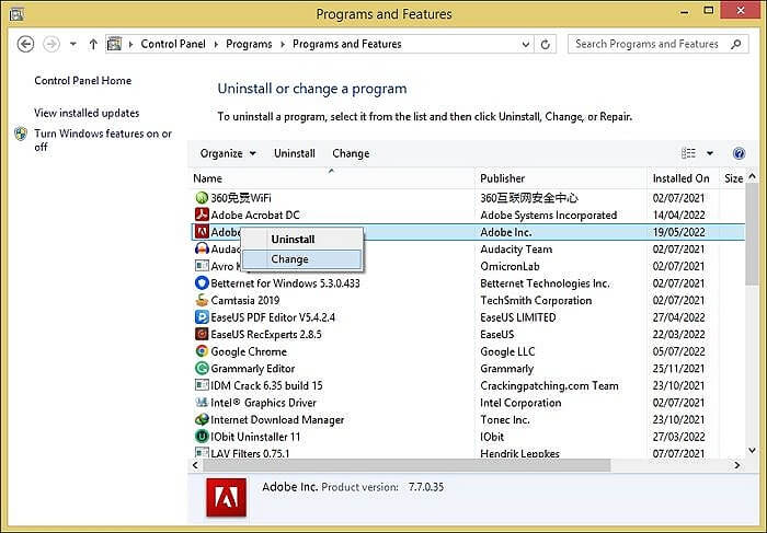 프로그램을 마우스 오른쪽 버튼으로 클릭하고 변경을 선택하십시오.
