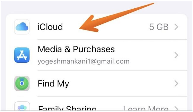 icloud 옵션을 탭하십시오