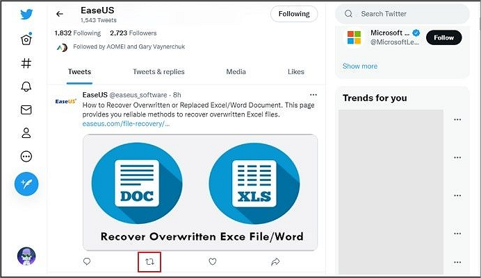 리트윗 아이콘 클릭