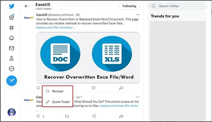 리트윗 선택 또는 트윗 인용