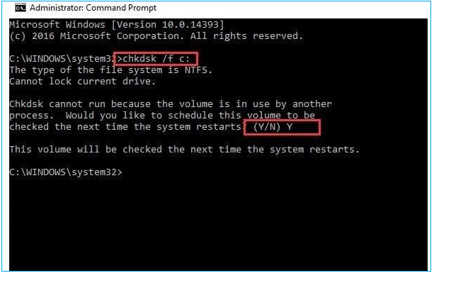 chkdsk /f c:를 입력하고 Enter 키를 누릅니다.