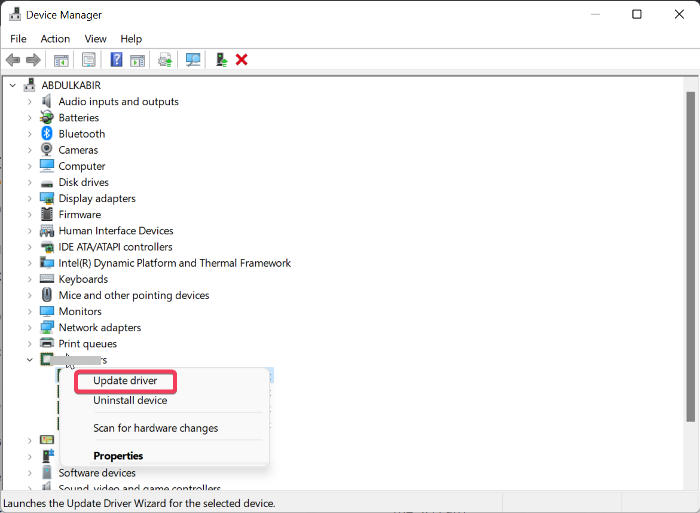 드라이버 업데이트를 선택하세요.