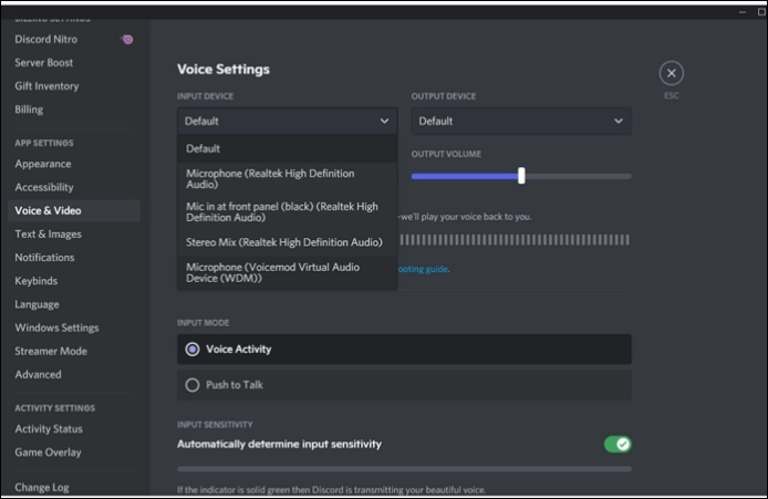 기본 입력 오디오 장치로 voicemod를 선택하세요.