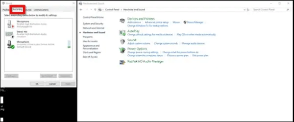 마이크를 기본 오디오 장치로 선택