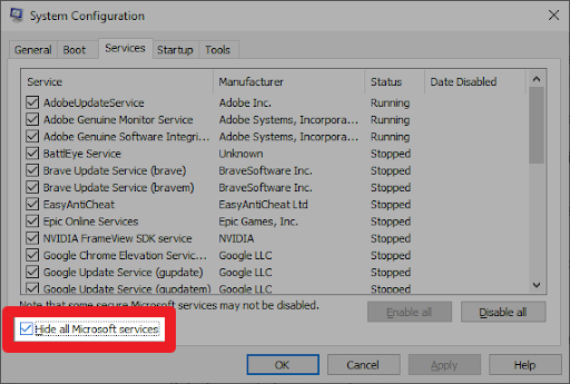 체크 모든 마이크로소프트 서비스 숨기기
