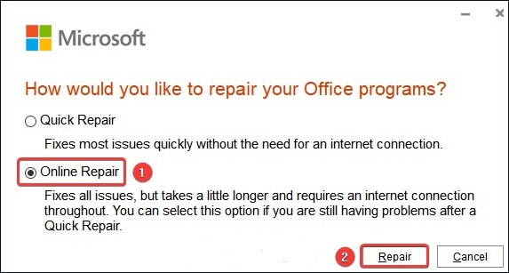 온라인 수리를 선택하고 수리를 클릭하세요
