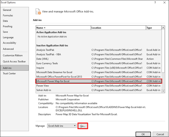 Excel 추가 기능을 선택하고 이동을 누르세요.