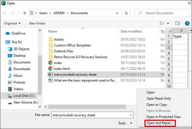 열기 및 복구를 클릭하세요