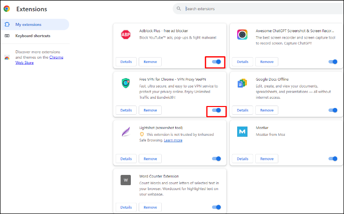 확장 기능을 비활성화하려면 스위치를 클릭하세요.