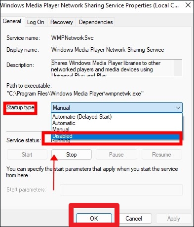 비활성화를 선택하고 적용을 클릭하세요