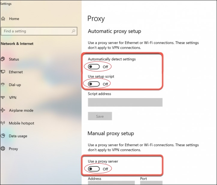 프록시 서버 비활성화