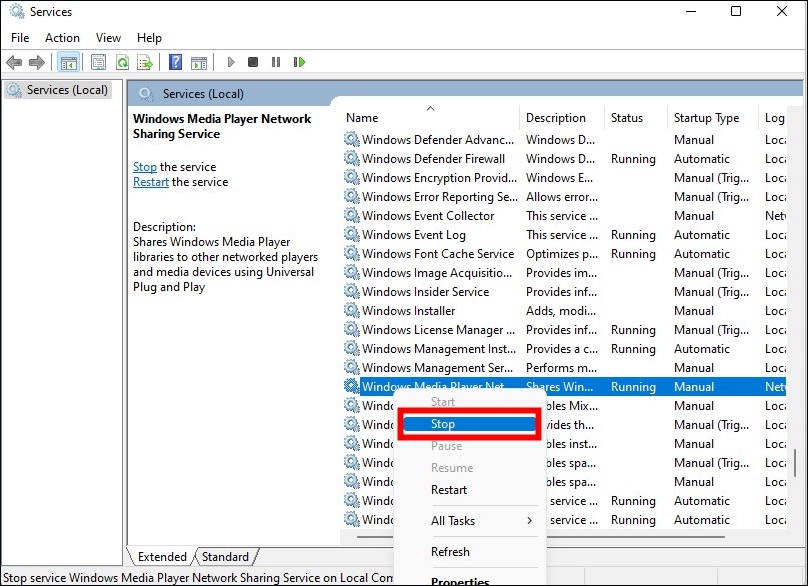 Windows Media Player 네트워크 공유 서비스를 찾아 클릭하세요