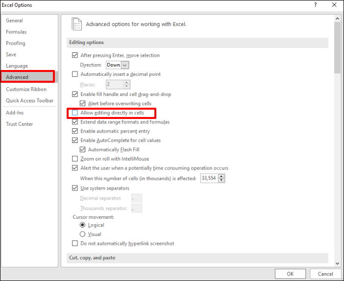 고급을 클릭하고 마지막으로 셀에서 직접 편집 허용을 선택 취소합니다.