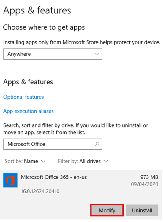 앱 및 기능에서 수정을 클릭하세요