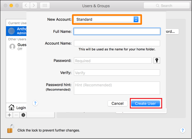사용자 생성 버튼을 누르세요