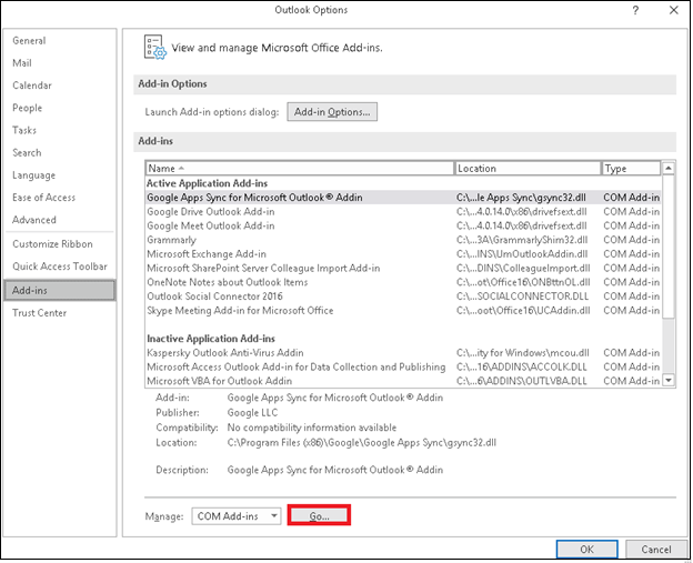 com 추가 기능 옆에 있는 이동 버튼을 누르세요