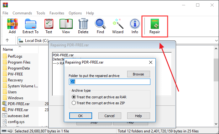 손상된 아카이브를 윈라로 복구하기