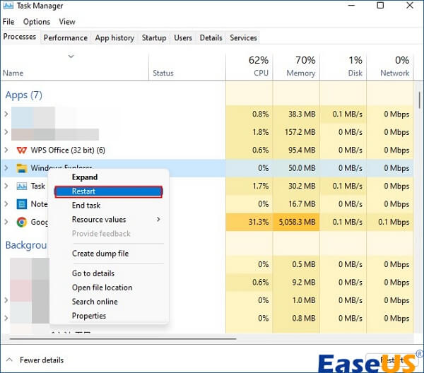 윈도우 탐색기를 마우스 오른쪽 버튼으로 클릭하고 다시 시작을 클릭합니다.