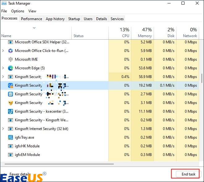 작업을 선택하고 작업 종료를 클릭하세요