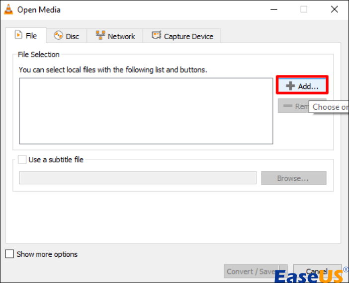 비디오를 VLC에 업로드하려면 추가를 선택하세요