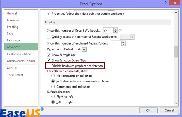 하드웨어 그래픽 가속 비활성화를 선택하세요