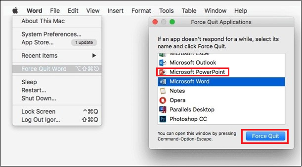 파워포인트를 선택하고 강제 종료를 선택하세요