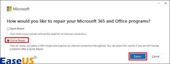 온라인 수리를 선택하고 수리를 클릭하세요