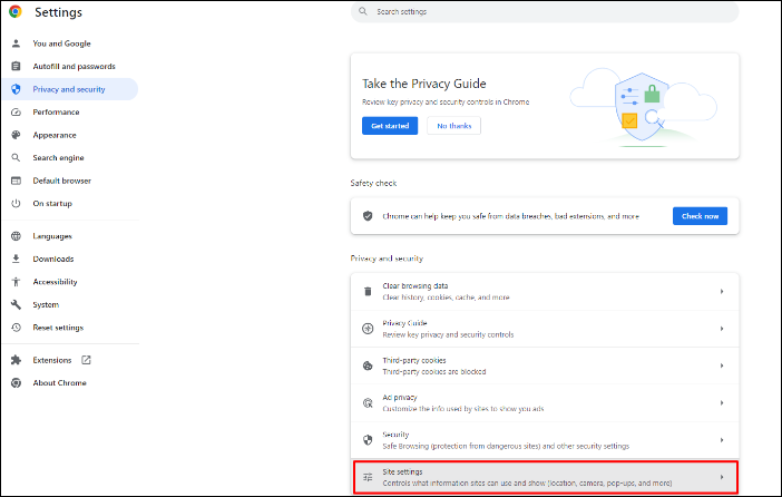 사이트 설정 선택