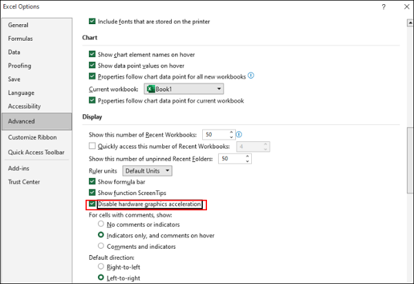 하드웨어 그래픽 가속 비활성화를 체크하세요