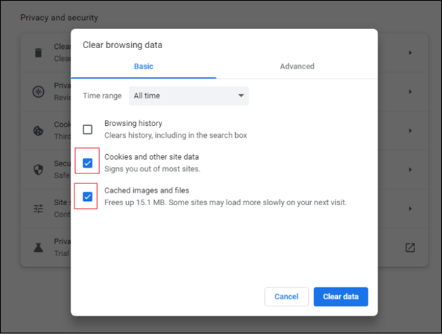 캐시를 비우려면 지우기를 누르세요