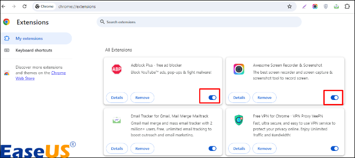 확장 기능을 비활성화하려면 스위치를 끄세요