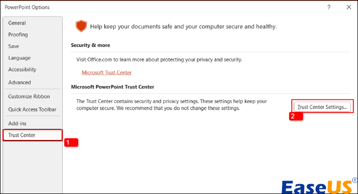 신뢰 센터 설정을 클릭하세요