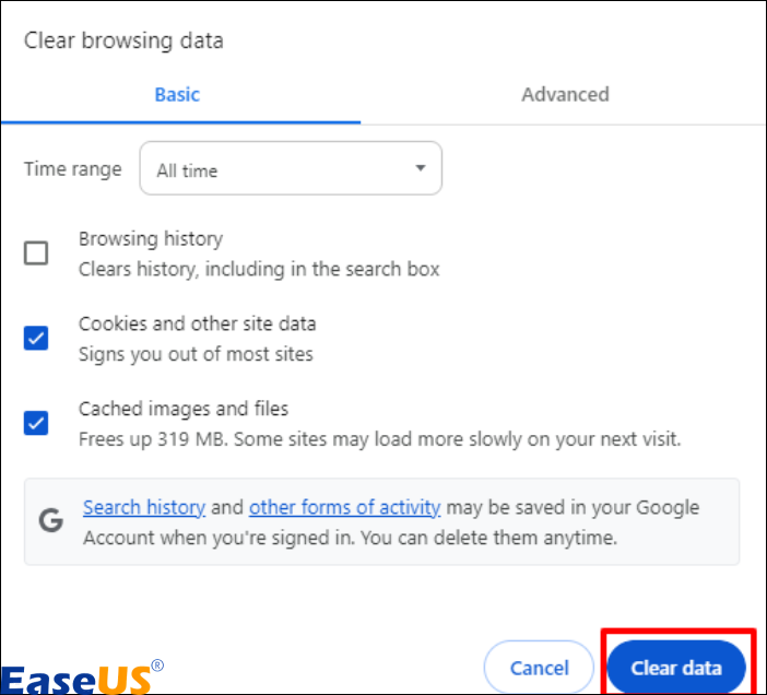 데이터 지우기를 클릭하세요