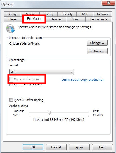 음악 복사 방지를 선택 해제하세요.