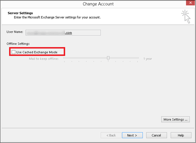 캐시된 교환 모드 사용 상자의 선택을 해제하세요.