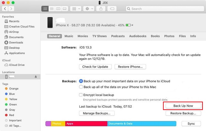 파인더가있는 백업 아이폰