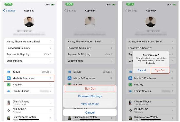 설정에서 Apple ID 로그아웃